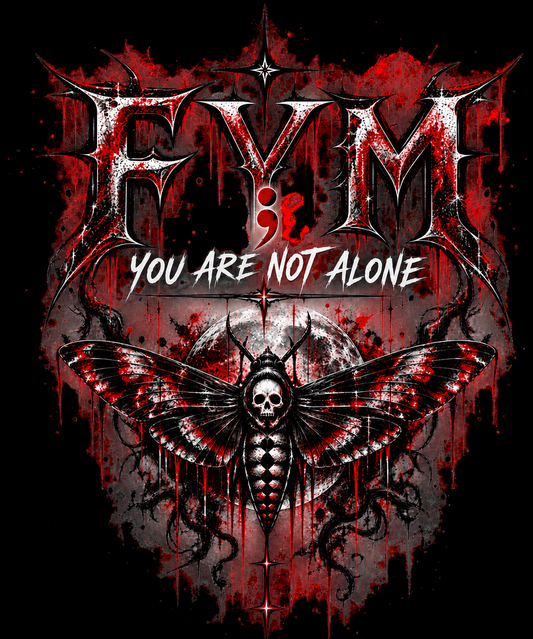 Front artwork for the Carl Doran (Codge) memorial tee: FYM lettering, You Are Not Alone, a semicolon and a moth in red, black and white.
