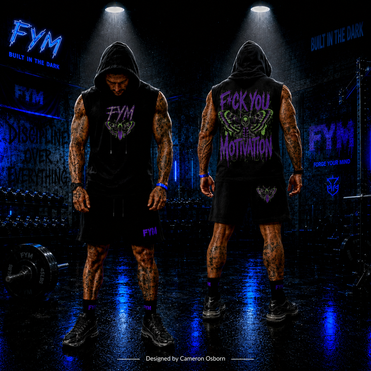 RISE MEN’S VEST & SHORTS SET — BLACK / PURPLE & NEON GREEN