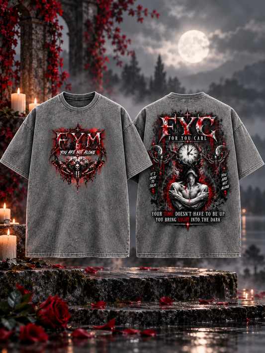 Front and back mockup of the grey Carl Doran (Codge) memorial tee, with red, black and white FYM and For You Carl artwork.