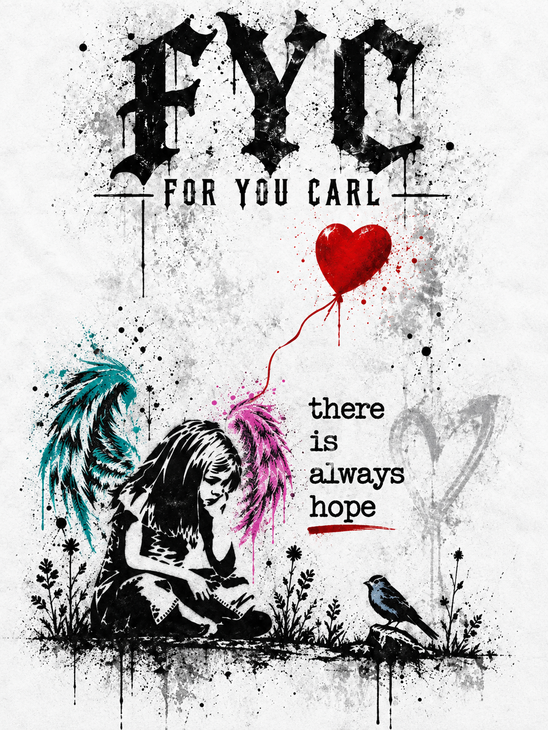 Back artwork for the Carl Doran (Codge) memorial hoodie: FYC and For You Carl, a girl with teal and pink wings, a red heart balloon, a robin, and There Is Always Hope.