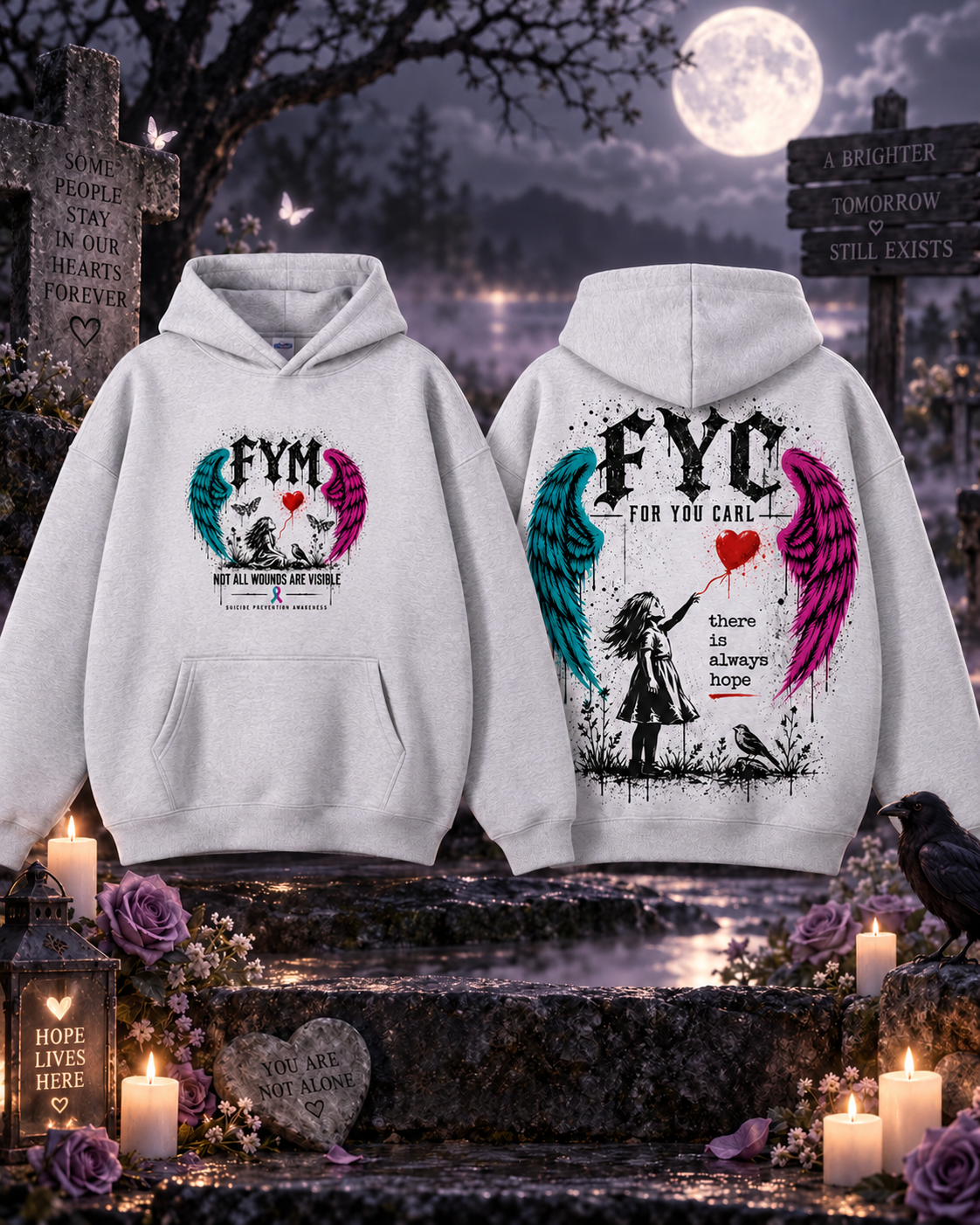 Front and back mockup of the Carl Doran (Codge) memorial hoodie, with FYM and For You Carl artwork, teal and pink wings, and a red heart balloon.