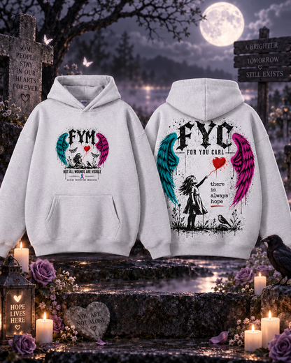 Front and back mockup of the Carl Doran (Codge) memorial hoodie, with FYM and For You Carl artwork, teal and pink wings, and a red heart balloon.