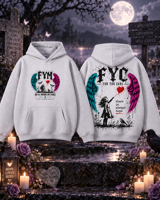 Front and back mockup of the Carl Doran (Codge) memorial hoodie, with FYM and For You Carl artwork, teal and pink wings, and a red heart balloon.