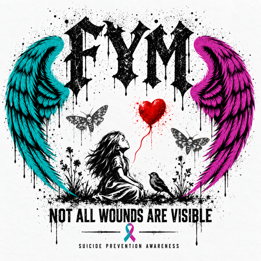 Front artwork for the Carl Doran (Codge) memorial hoodie: FYM, teal and pink wings, a girl with a red heart balloon, and Not All Wounds Are Visible.