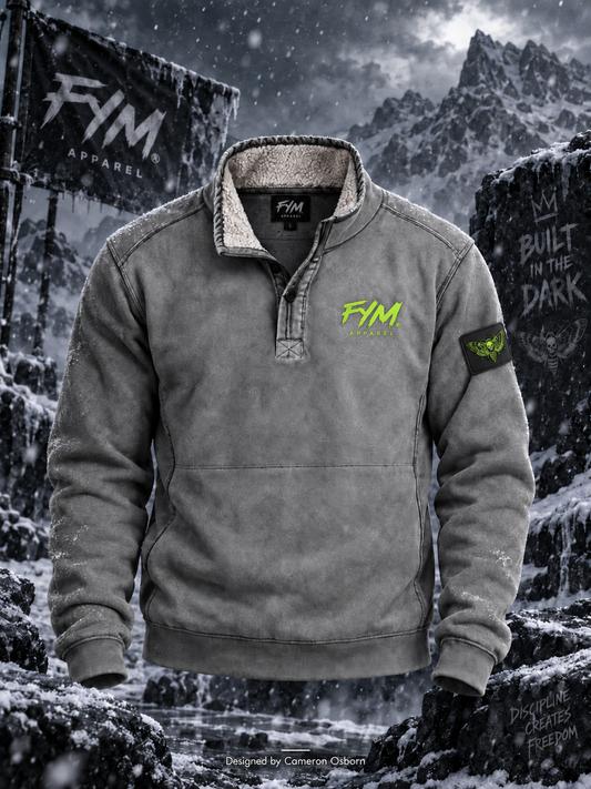 RISE MEN’S QUARTER PULLOVER SWEATER — GREY / NEON GREEN