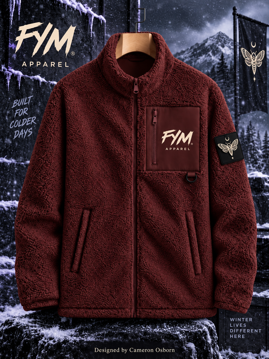 Burgundy women’s FYM Sherpa jacket with cream branding and moth sleeve patch in a snowy winter scene. Designed by Cameron Osborn.